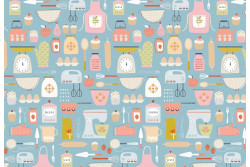 Tissu Dashwood "Hobbies" ustensiles de cuisine, fond bleu gris